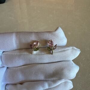 Pink and Gold Rose Flower Earring- gold plated crystal look shiny dainty cute